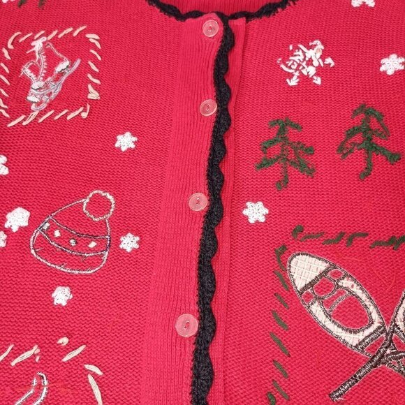 Ugly Christmas Cardigan Sweater Red & Black Crochet Trim Rami Cotton Blend Sz LG - Picture 10 of 11